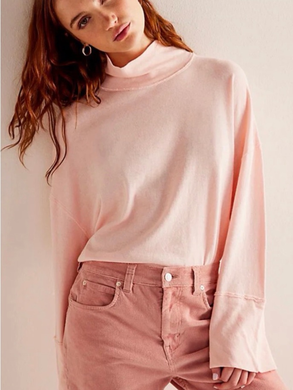 Free People We The Free Phoebe Turtleneck Pink Salt Top Large NWOT